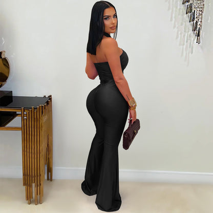 European and American Fashion Women's Solid Color Elegant Halter Neck Wide Leg Arm-Hugging Jumpsuit
