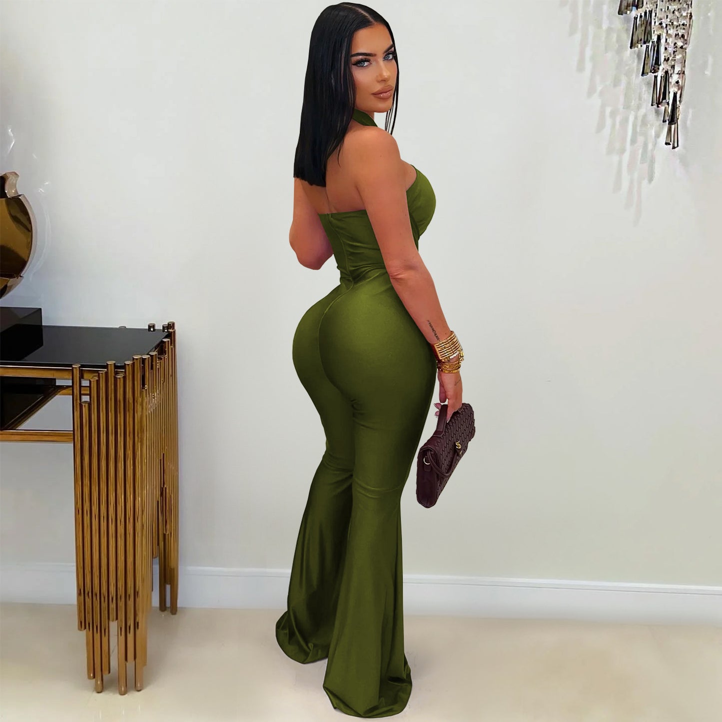 European and American Fashion Women's Solid Color Elegant Halter Neck Wide Leg Arm-Hugging Jumpsuit