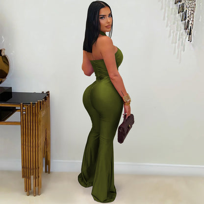 European and American Fashion Women's Solid Color Elegant Halter Neck Wide Leg Arm-Hugging Jumpsuit