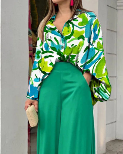 Summer Loose Plus Size Fashion Casual Printed Wide-Leg Pants Two-Piece Set