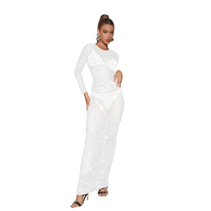 European and American Fashion Women's Solid Color Mesh Rhinestone Long Sleeve Long Dress