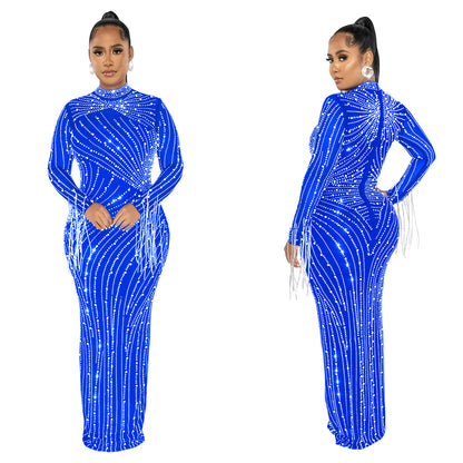European and American Fashion Women's Clothing Mesh See-through Rhinestone Long Sleeve Long Dress Lined Two-piece Set