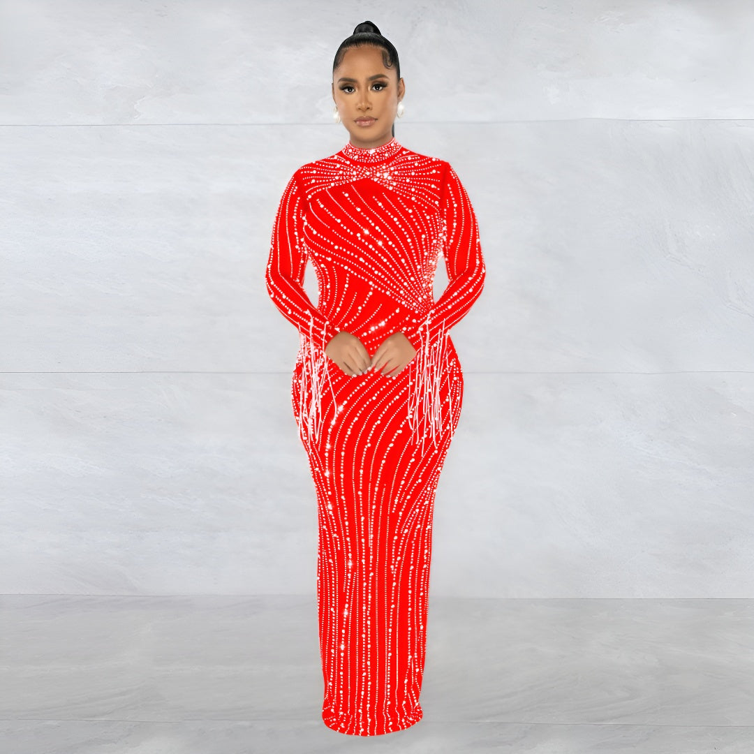 European and American Fashion Women's Clothing Mesh See-through Rhinestone Long Sleeve Long Dress Lined Two-piece Set