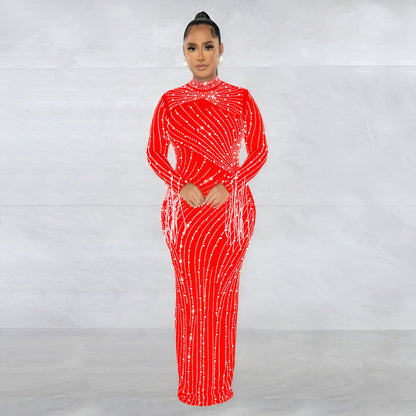 European and American Fashion Women's Clothing Mesh See-through Rhinestone Long Sleeve Long Dress Lined Two-piece Set