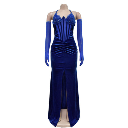 Fashion Women's Solid Color Halter Neck Slit Sexy Long Dress