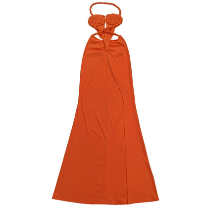 Fashion Women's Sexy Knitted Halter Backless Solid Color Dress