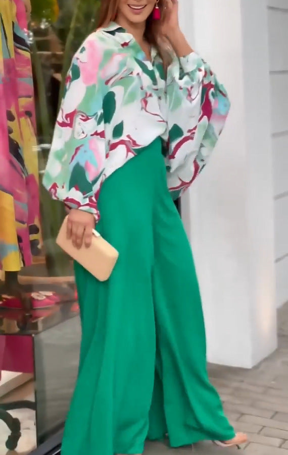 Summer Loose Plus Size Fashion Casual Printed Wide-Leg Pants Two-Piece Set