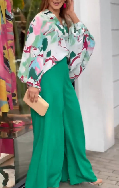 Summer Loose Plus Size Fashion Casual Printed Wide-Leg Pants Two-Piece Set