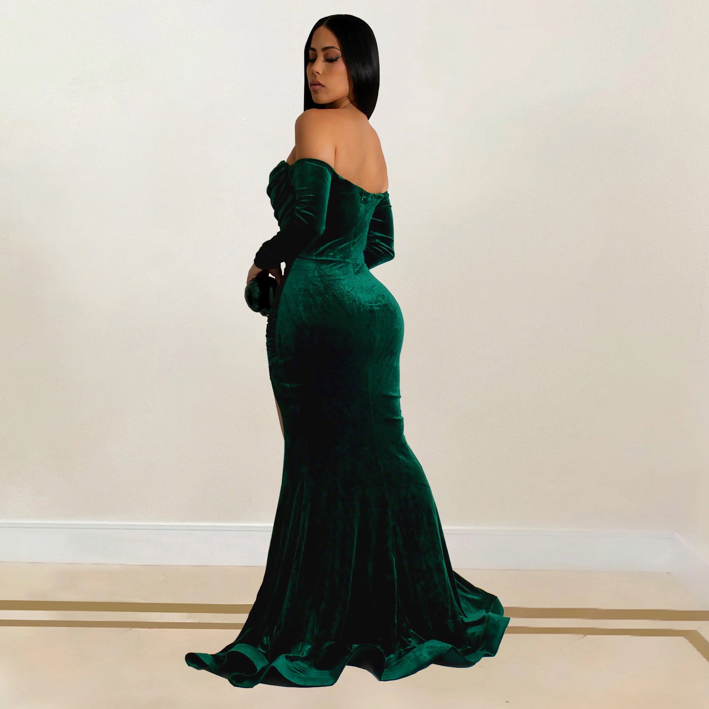 European and American Fashion Women's Solid Color Slit Evening Dress Low-Cut Dress New