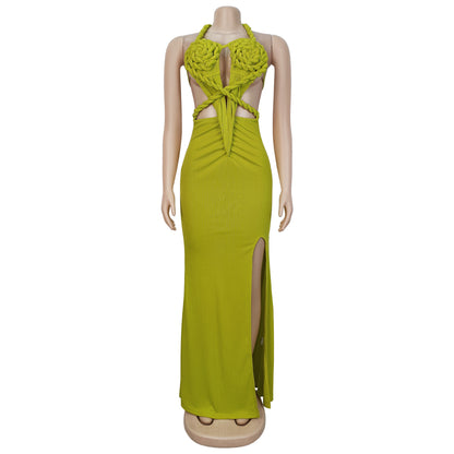 Fashion Women's Sexy Knitted Halter Backless Solid Color Dress