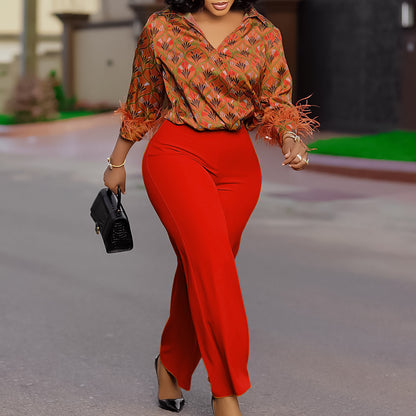 Printed Long Sleeve Shirt Elegant Wide Leg Pants Fashion Set