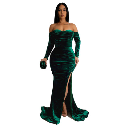 European and American Fashion Women's Solid Color Slit Evening Dress Low-Cut Dress New