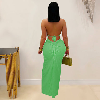 Fashion Women's Sexy Knitted Halter Backless Solid Color Dress
