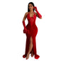 Fashion Women's Solid Color Halter Neck Slit Sexy Long Dress