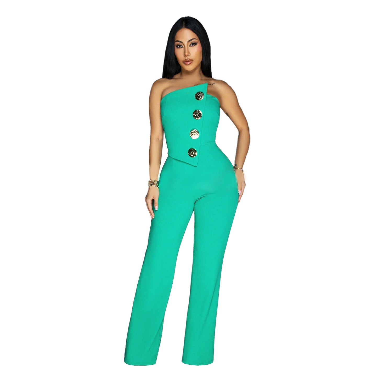 European and American Fashion Women's Sleeveless Button Jumpsuit Long Pants New