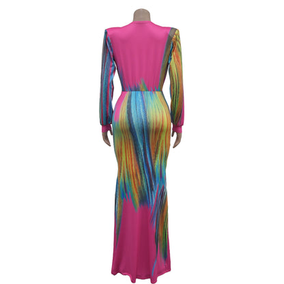 European and American Fashion Women's Pleated Color Block Casual Long Dress