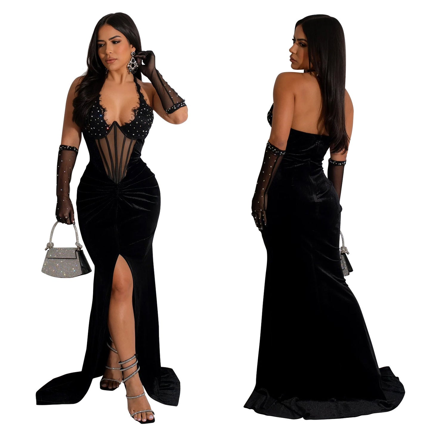 Fashion Women's Solid Color Halter Neck Slit Sexy Long Dress