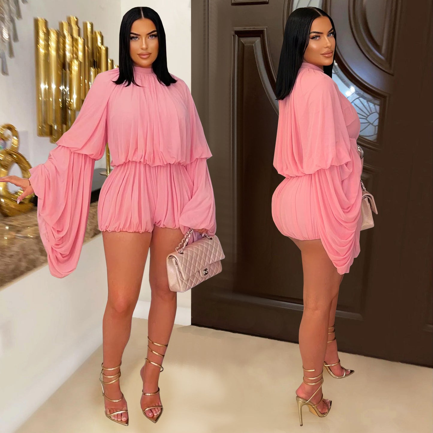 Fashion Women's Fashion Casual Pleated Solid Color Jumpsuit Shorts New