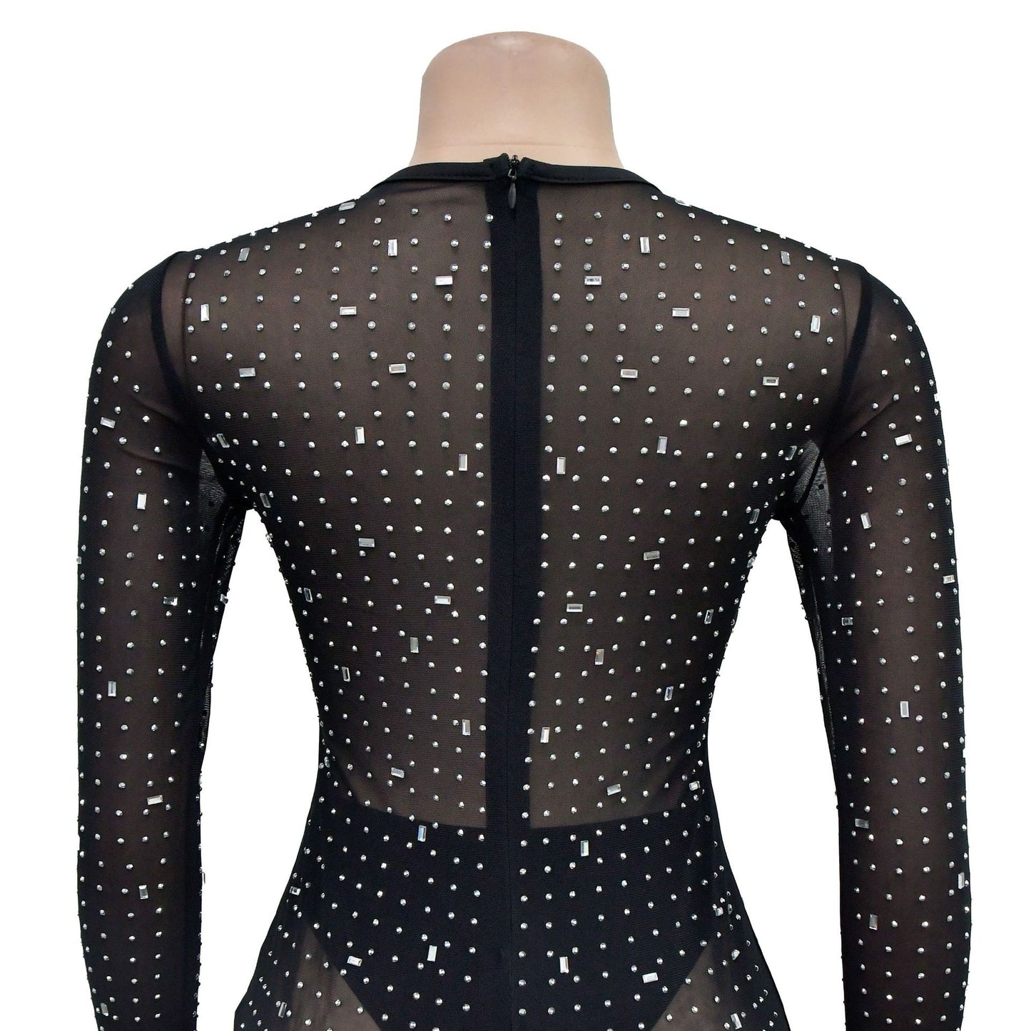 European and American Fashion Women's Solid Color Mesh Rhinestone Long Sleeve Long Dress