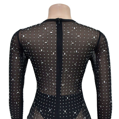 European and American Fashion Women's Solid Color Mesh Rhinestone Long Sleeve Long Dress