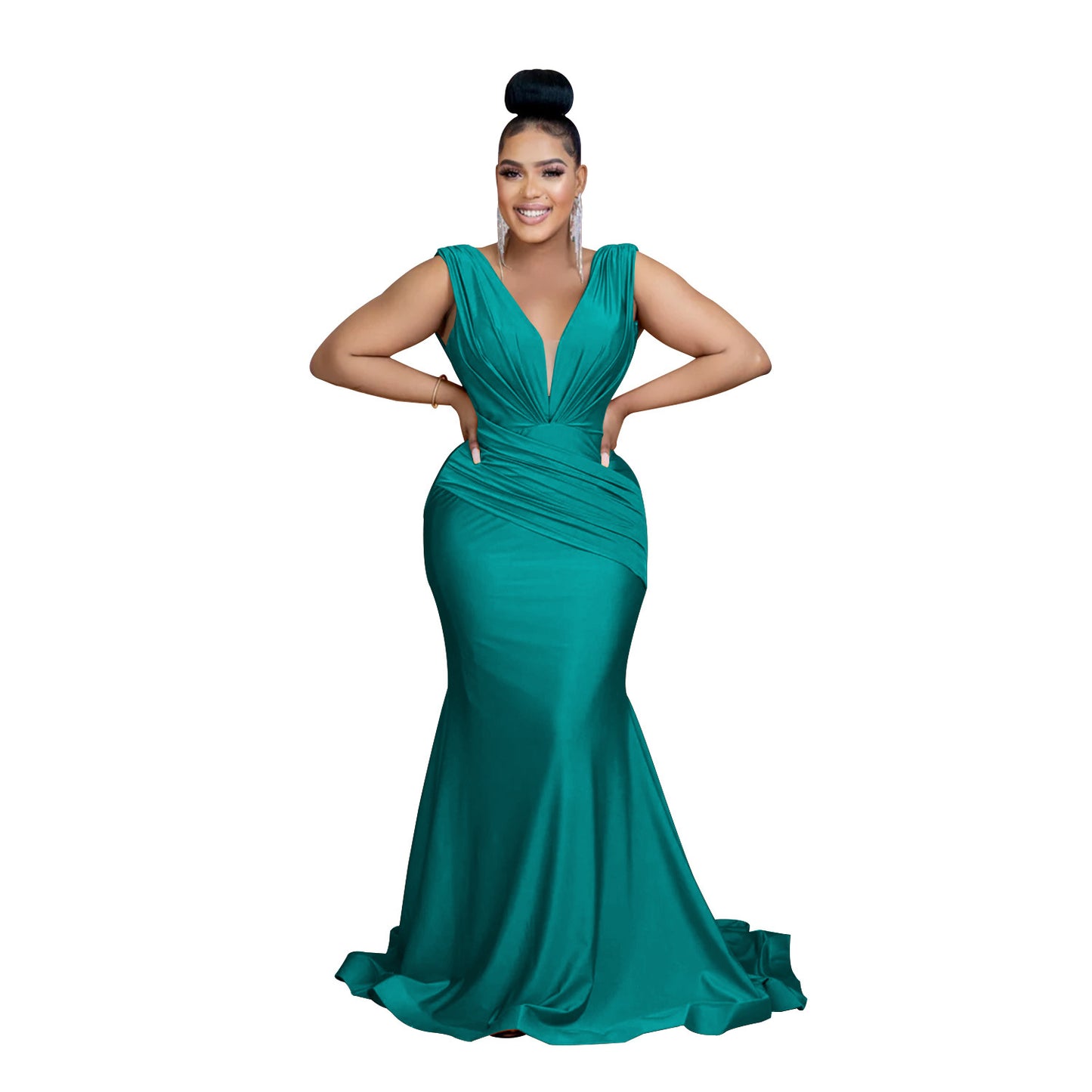 Fashion Women's Solid Color V-Neck Sleeveless Ruched Long Dress