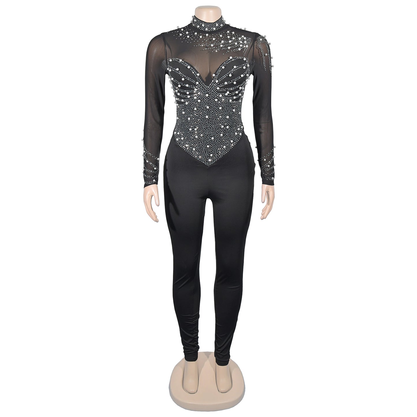 European and American Fashion Women's Solid Color Mesh Rhinestone Long Sleeve Long Pants Jumpsuit