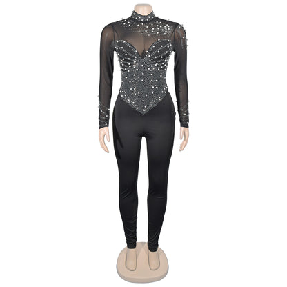 European and American Fashion Women's Solid Color Mesh Rhinestone Long Sleeve Long Pants Jumpsuit