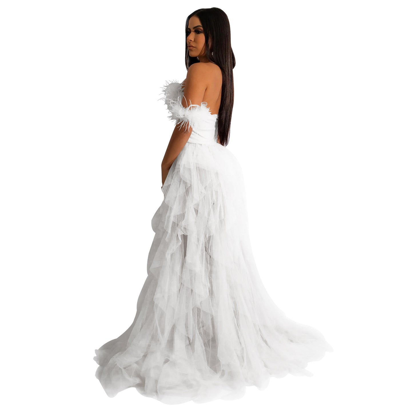 European and American Fashion Women's Solid Color Sleeveless Tube Top Mesh Long Dress