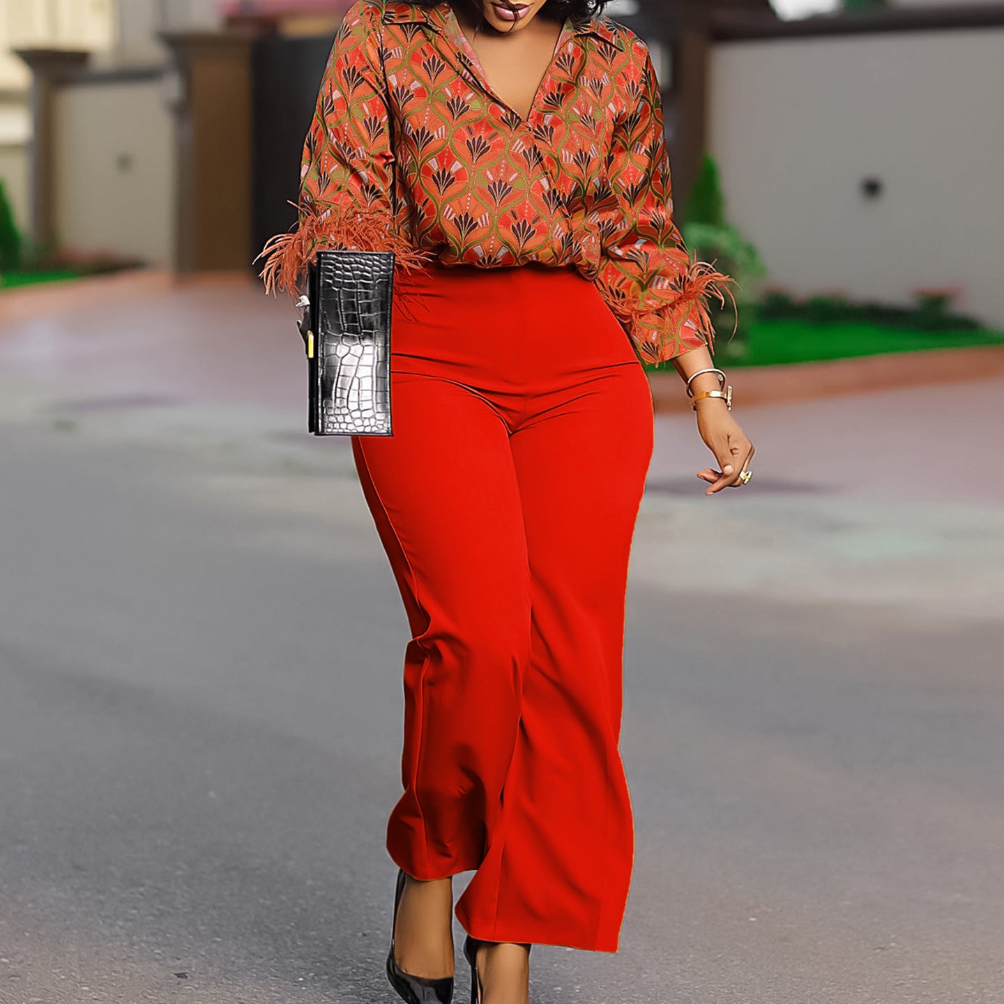 Printed Long Sleeve Shirt Elegant Wide Leg Pants Fashion Set