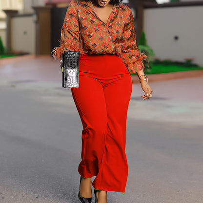 Printed Long Sleeve Shirt Elegant Wide Leg Pants Fashion Set