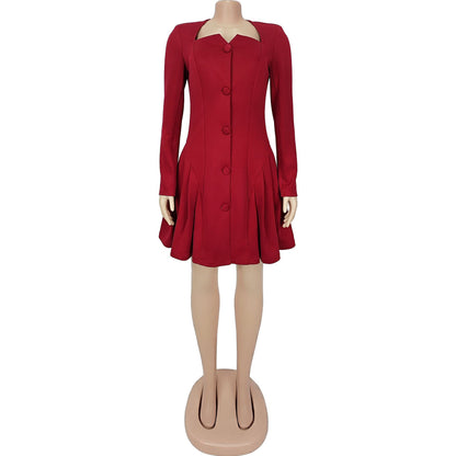 European and American Fashion Women's Elegant Deep V Long Sleeve Ruffled Short Dress