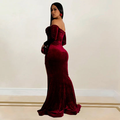 European and American Fashion Women's Solid Color Slit Evening Dress Low-Cut Dress New