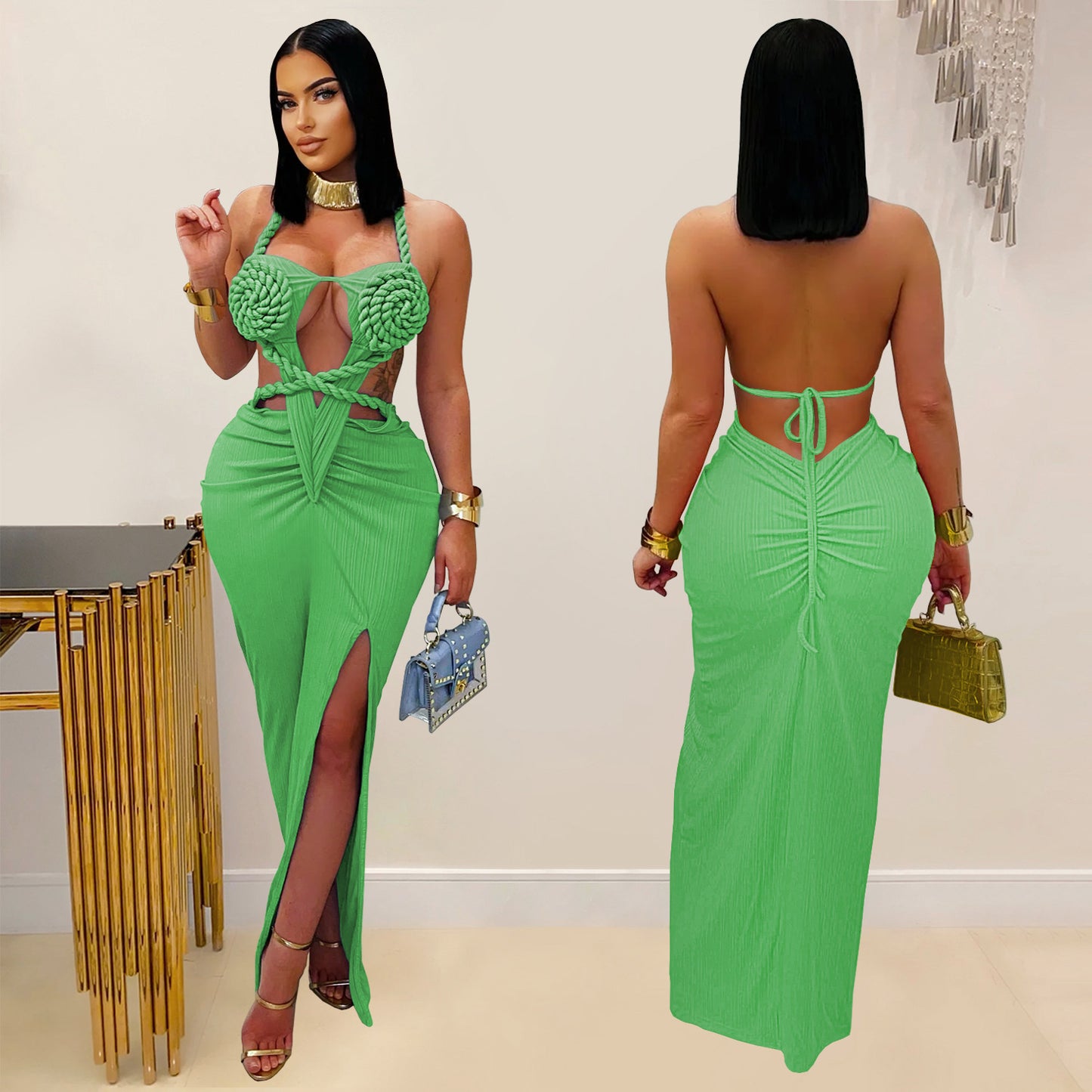 Fashion Women's Sexy Knitted Halter Backless Solid Color Dress