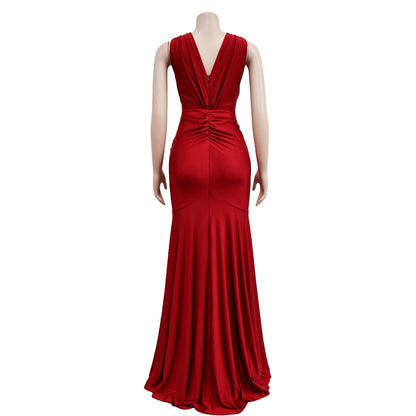 Fashion Women's Solid Color V-Neck Sleeveless Ruched Long Dress