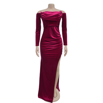 European and American Fashion Women's Solid Color Slit Evening Dress Low-Cut Dress New