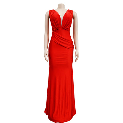 Fashion Women's Solid Color V-Neck Sleeveless Ruched Long Dress