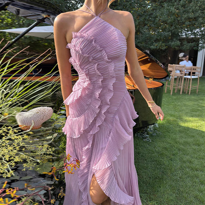 Summer Women's New Fashion Elegant Socialite Ruffled Pleated Halter Neck Strap Dress Long Dress for Women