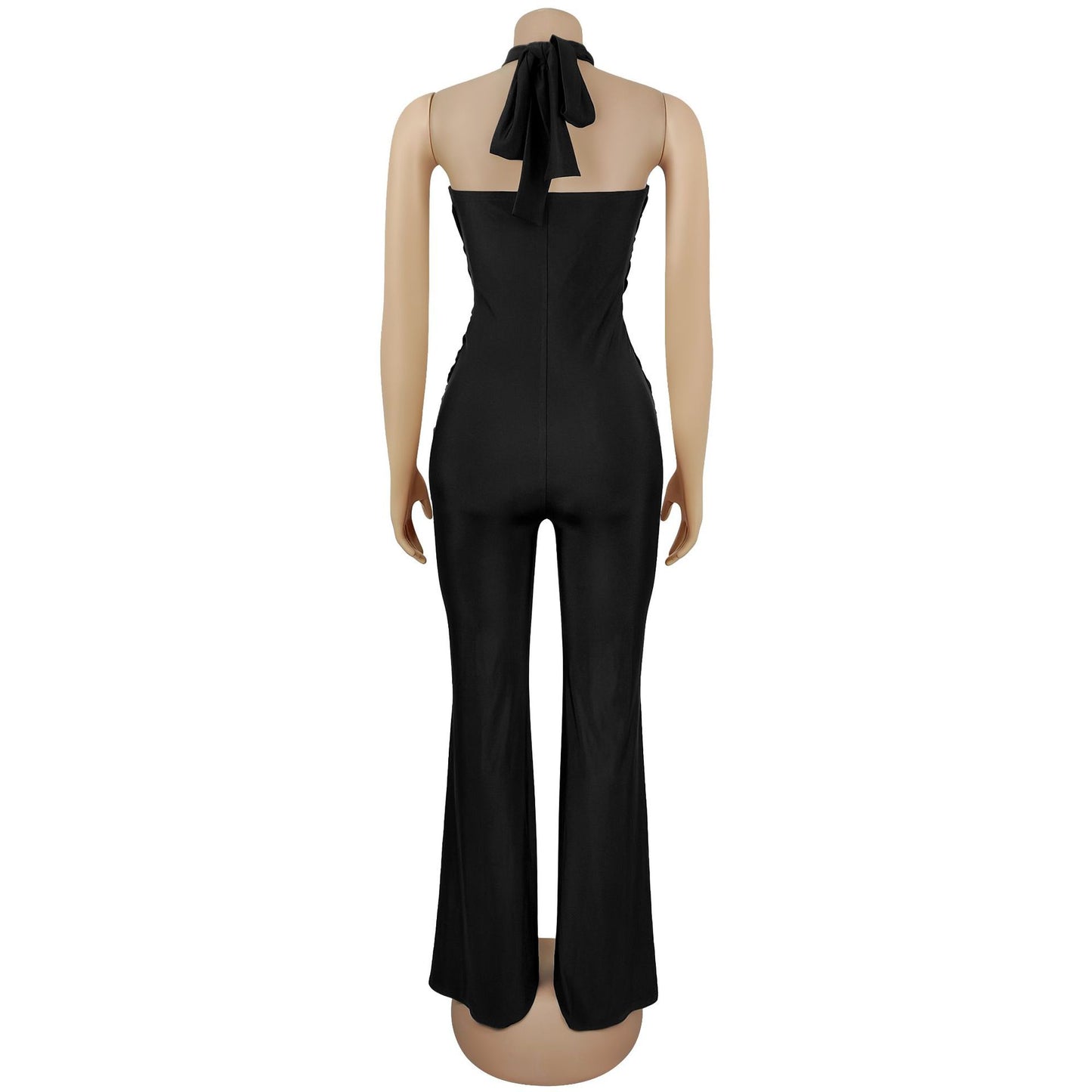 European and American Fashion Women's Solid Color Elegant Halter Neck Wide Leg Arm-Hugging Jumpsuit
