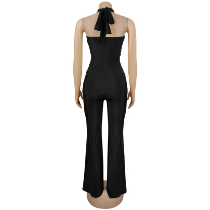 European and American Fashion Women's Solid Color Elegant Halter Neck Wide Leg Arm-Hugging Jumpsuit
