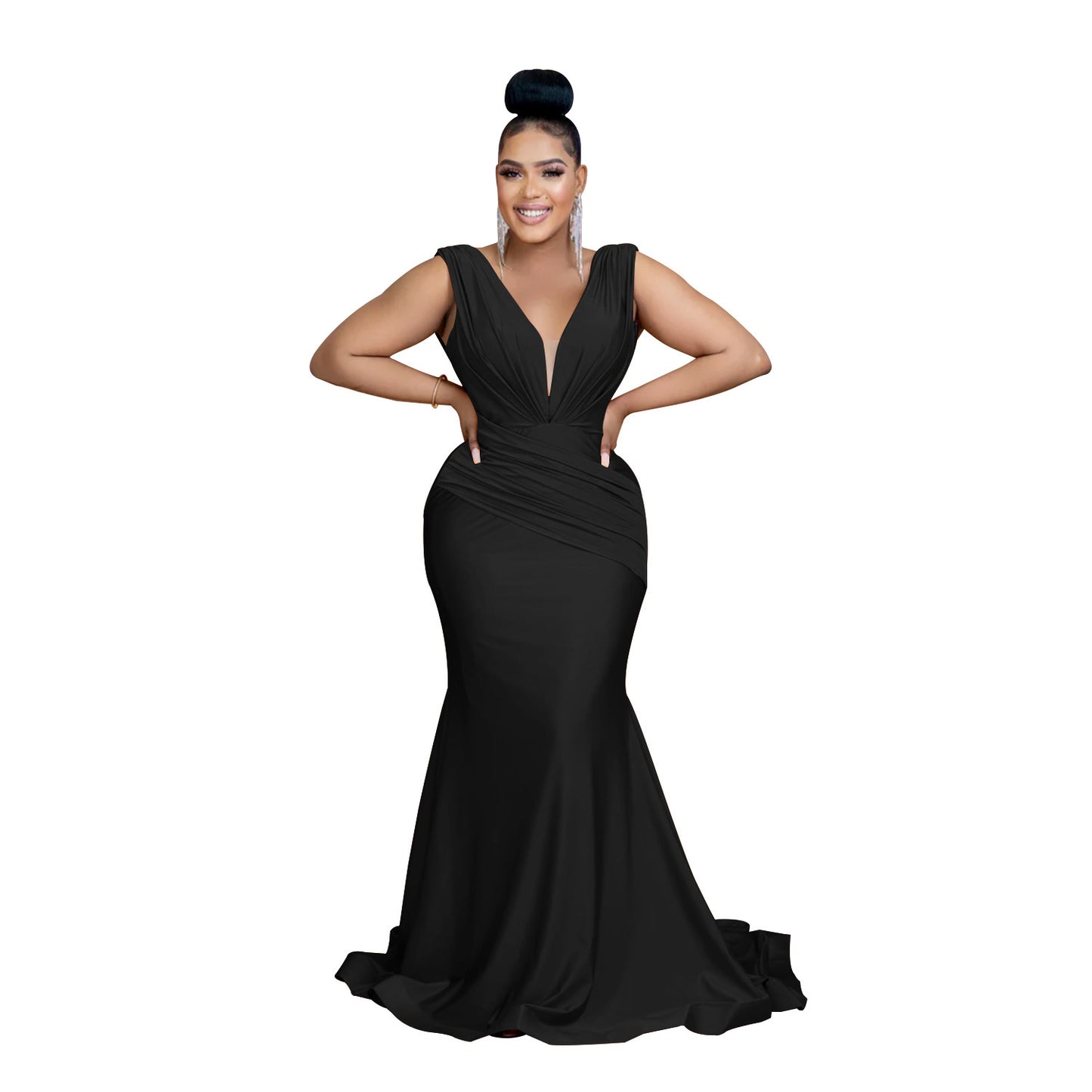 Fashion Women's Solid Color V-Neck Sleeveless Ruched Long Dress