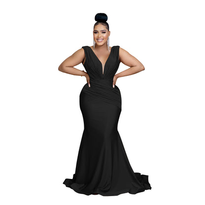 Fashion Women's Solid Color V-Neck Sleeveless Ruched Long Dress