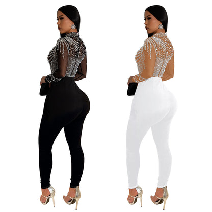 European and American Fashion Women's Solid Color Mesh Rhinestone Long Sleeve Long Pants Jumpsuit