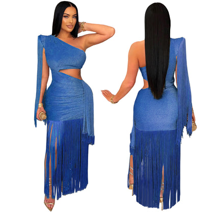 European and American Fashion Women's Sexy Casual One-Shoulder Tassel Long Dress