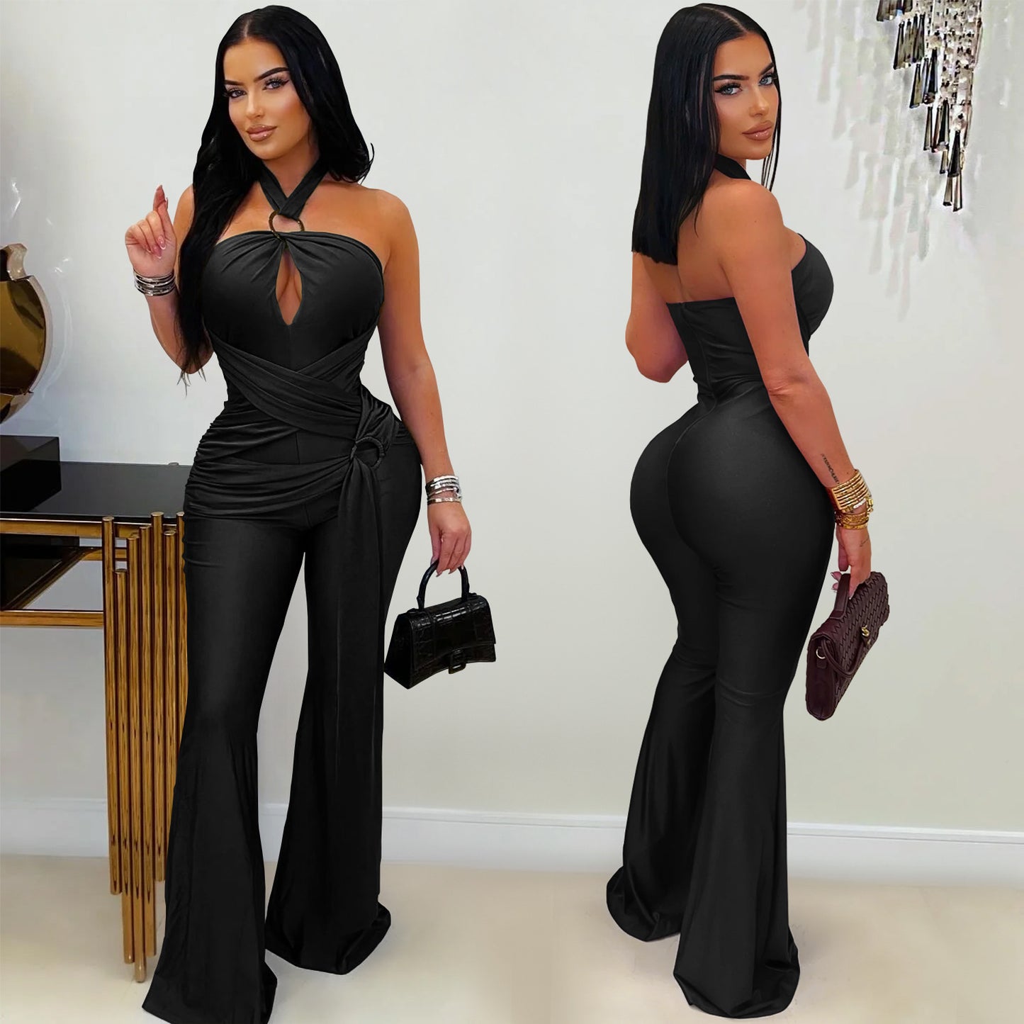 European and American Fashion Women's Solid Color Elegant Halter Neck Wide Leg Arm-Hugging Jumpsuit