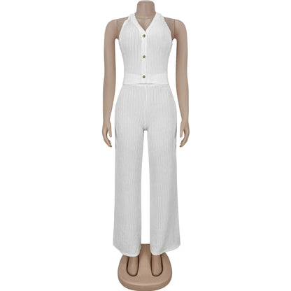 European and American Fashion Women's Casual Halter Neck Tie Top and Long Pants Two-Piece Set