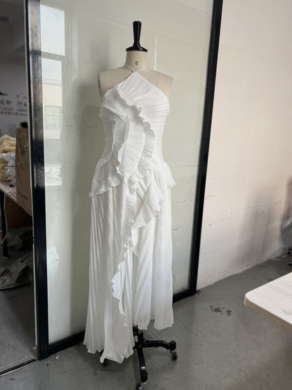 Summer Women's New Fashion Elegant Socialite Ruffled Pleated Halter Neck Strap Dress Long Dress for Women