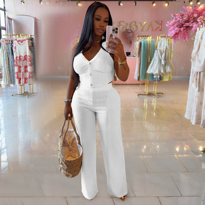 European and American Fashion Women's Casual Halter Neck Tie Top and Long Pants Two-Piece Set