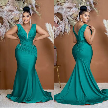 Fashion Women's Solid Color V-Neck Sleeveless Ruched Long Dress