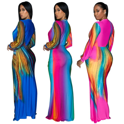 European and American Fashion Women's Pleated Color Block Casual Long Dress