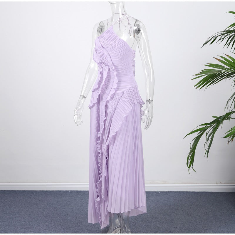 Summer Women's New Fashion Elegant Socialite Ruffled Pleated Halter Neck Strap Dress Long Dress for Women